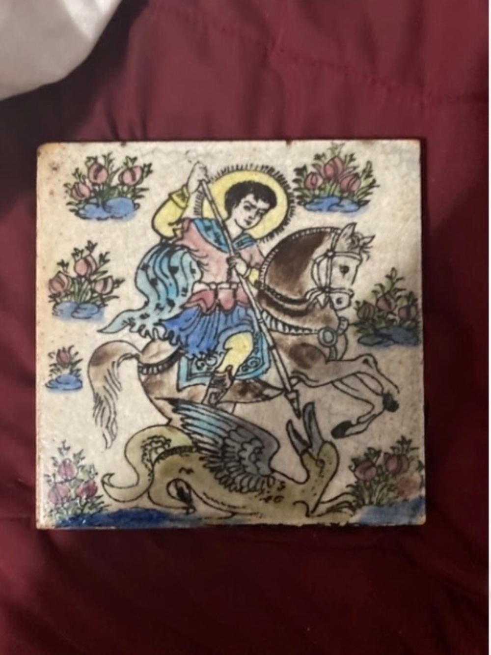 Armenian Hand Painted Ceramic Tile – St. George Dragon 22×22 cm Vintage